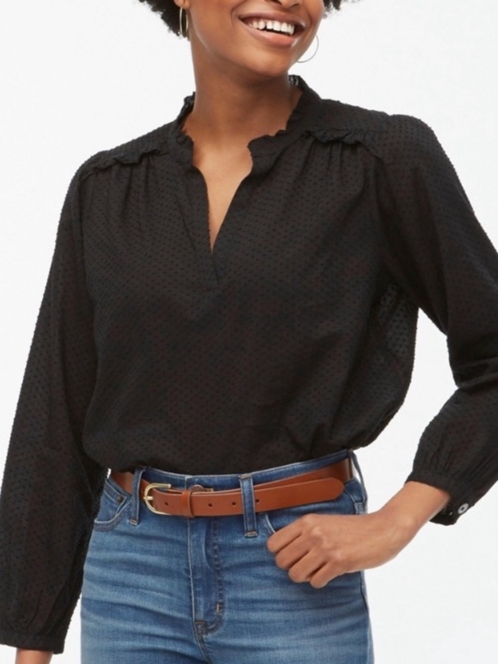 J Crew Popover Ruffle Top in Swiss Dot Black